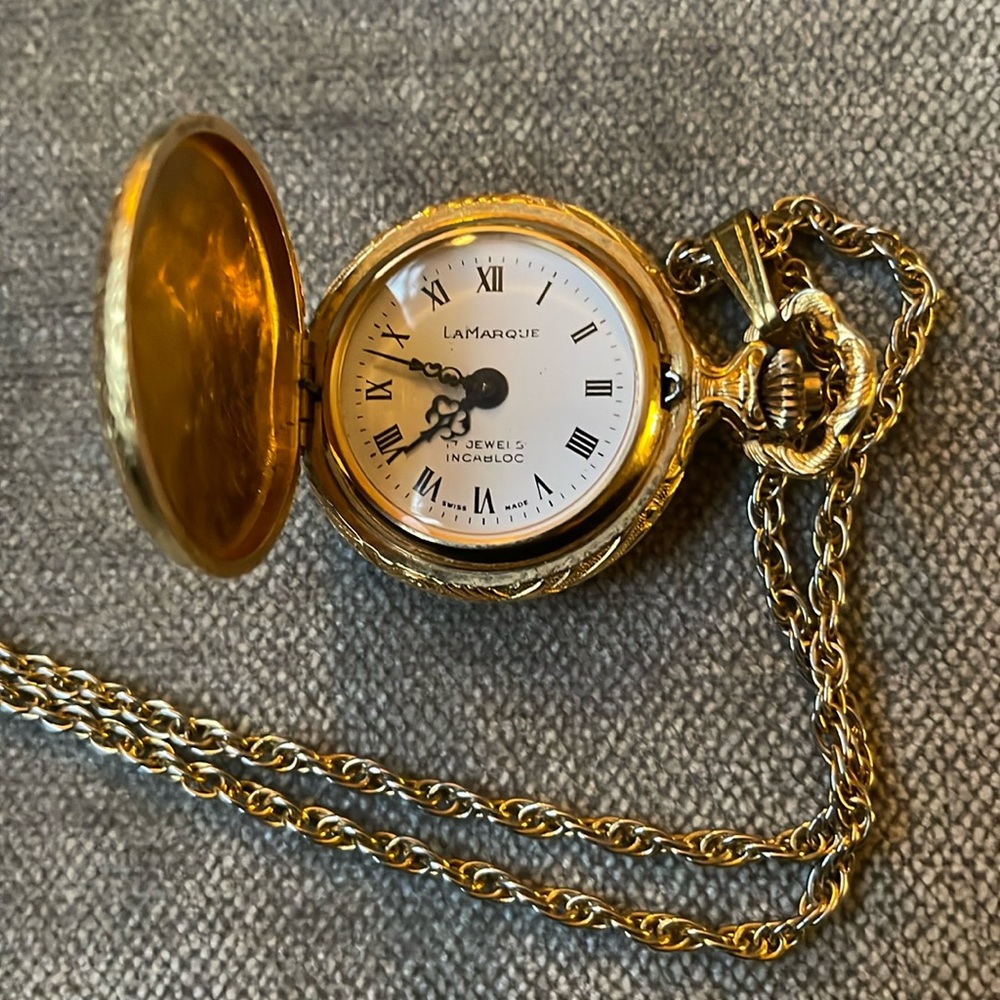 La Marque pocket watch on a chain ; 17 Jewels Incabloc